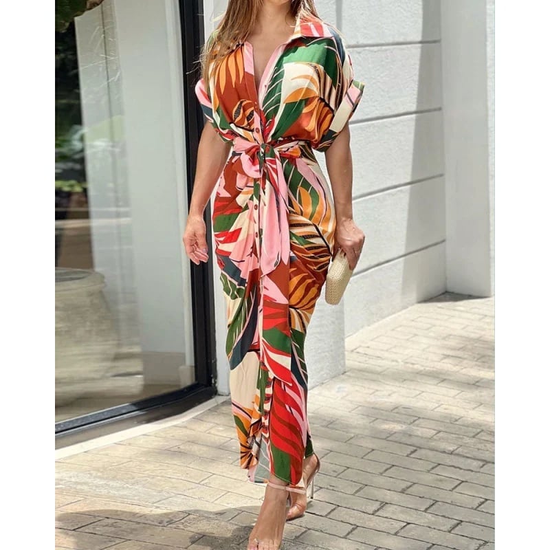 🔥Casual Lapel Neck Waist Print Shirt Dress🔥