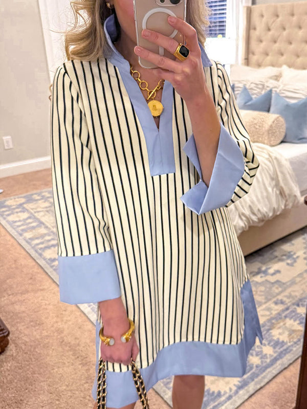 Women's Striped Split V Neck Collared Shirt Dress