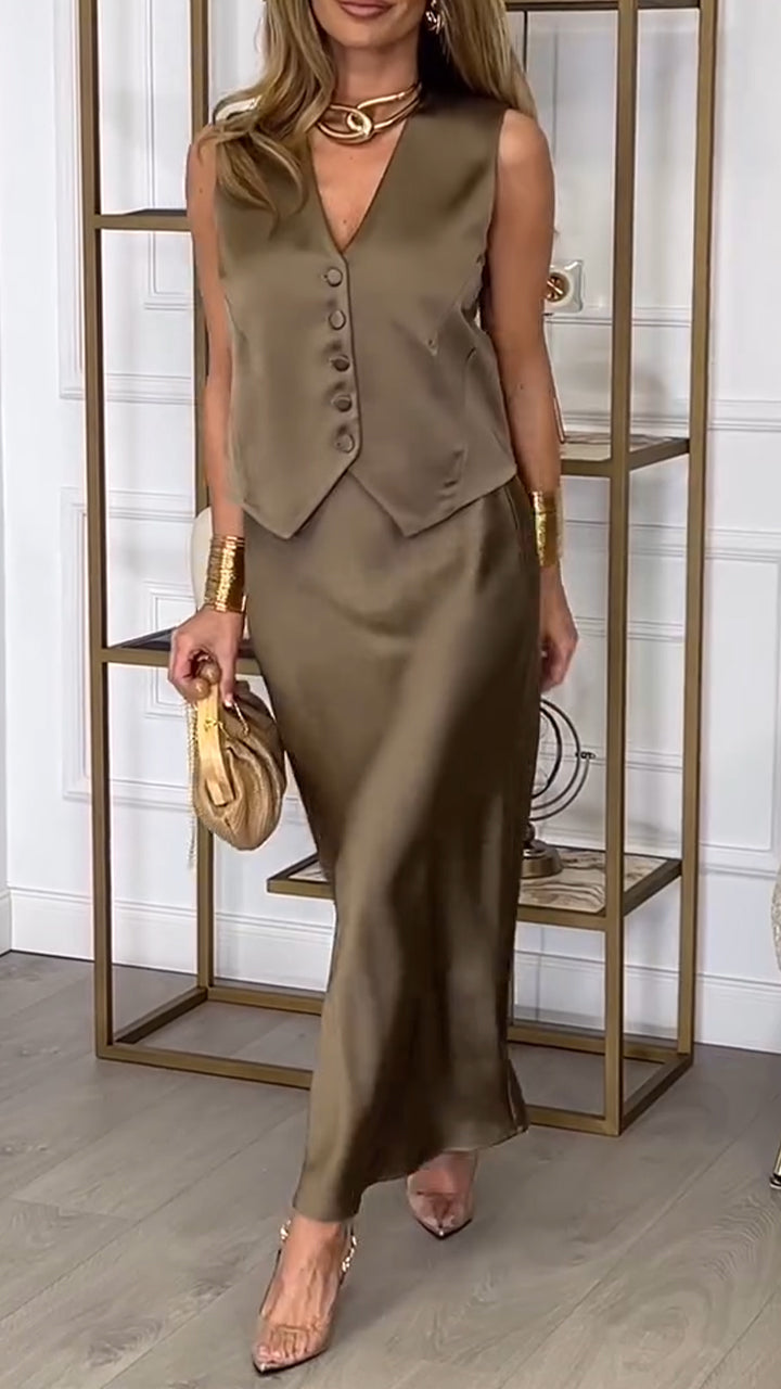 Women's V-neck Buttoned Satin Casual Suit