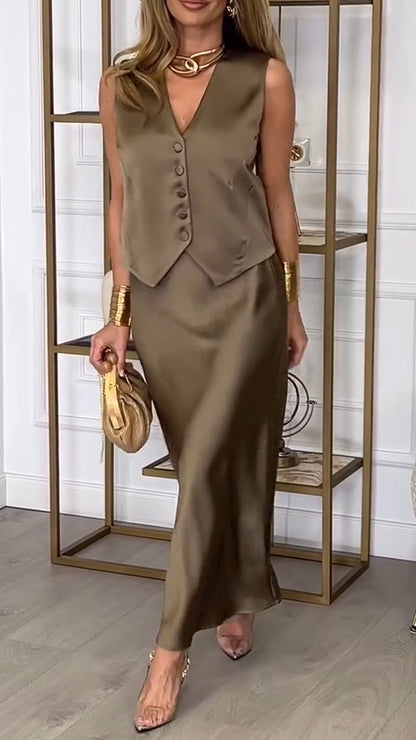 Women's V-neck Buttoned Satin Casual Suit