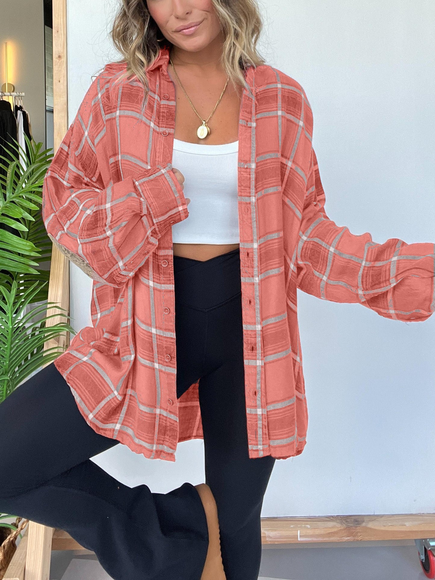 Women's Plaid Button Down Shirt with Elbow Patch Detailing (Buy 2 Free Shipping)