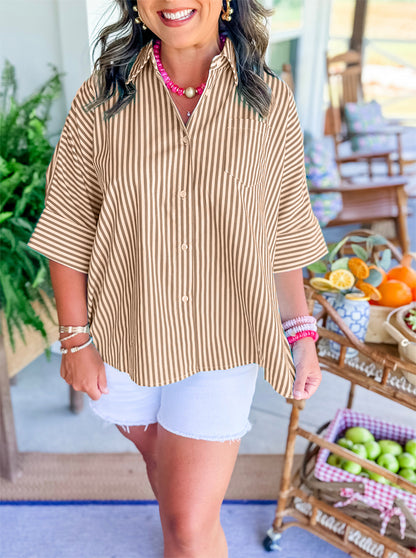 Women's Striped Button Shirt Side Slit Hem Swing Top (Buy 2 Free Shipping)