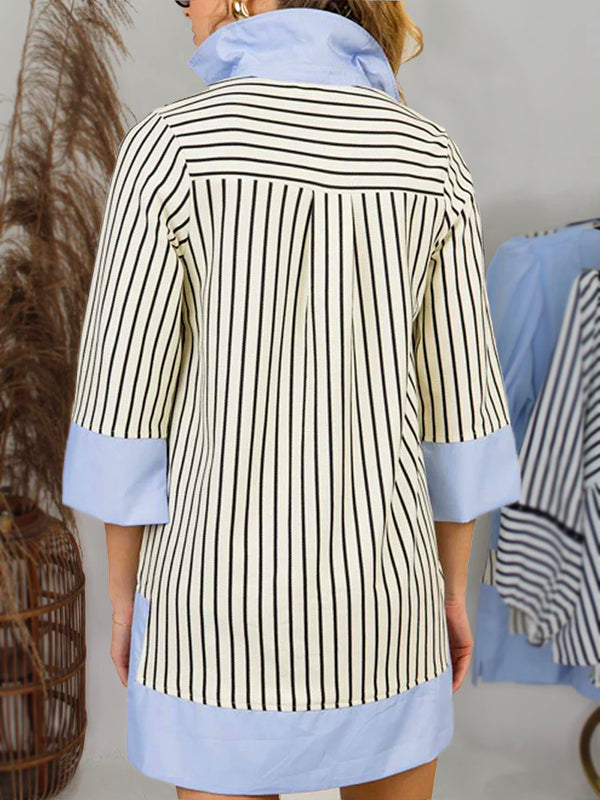 Women's Striped Split V Neck Collared Shirt Dress