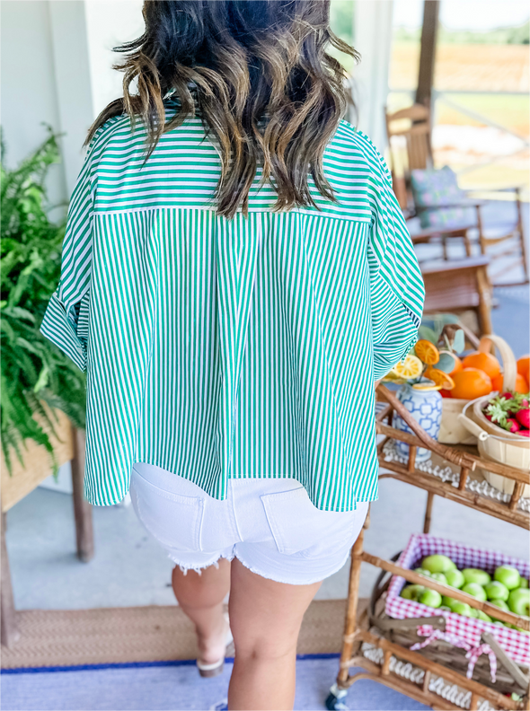 Women's Striped Button Shirt Side Slit Hem Swing Top (Buy 2 Free Shipping)