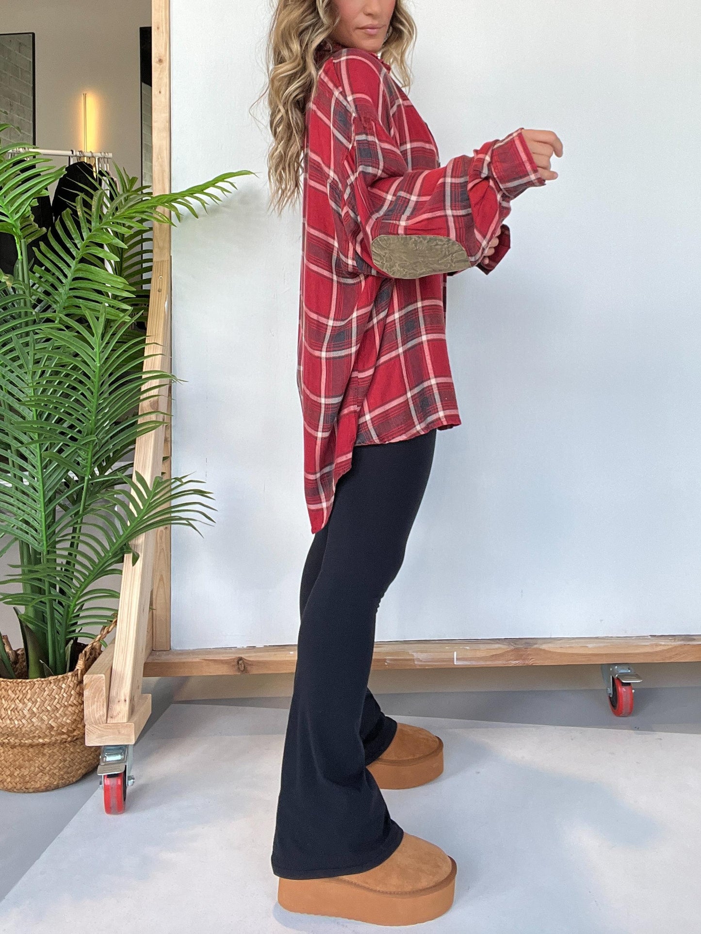 Women's Plaid Button Down Shirt with Elbow Patch Detailing (Buy 2 Free Shipping)