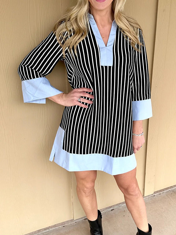 Women's Striped Split V Neck Collared Shirt Dress
