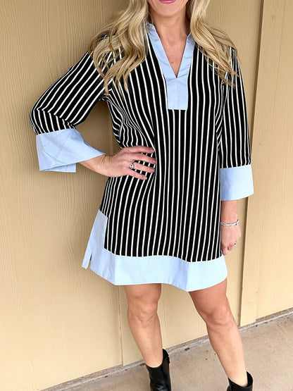 Women's Striped Split V Neck Collared Shirt Dress