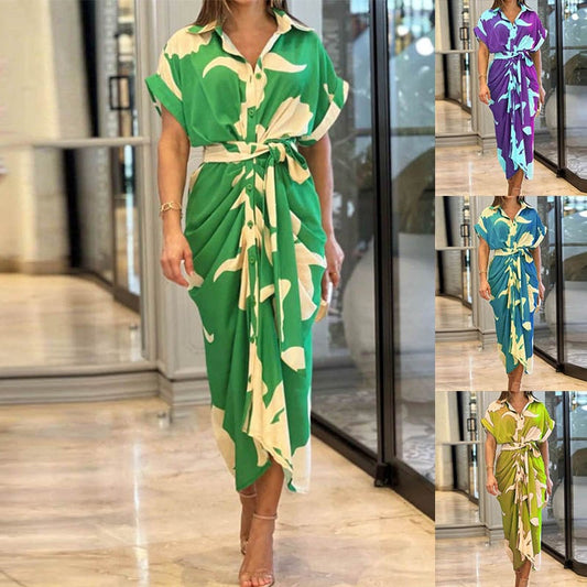 🔥Casual Lapel Neck Waist Print Shirt Dress🔥