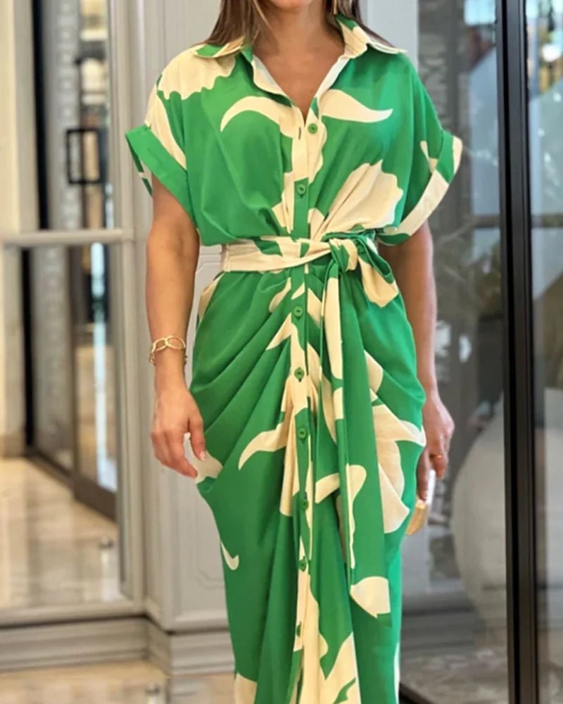 🔥Casual Lapel Neck Waist Print Shirt Dress🔥