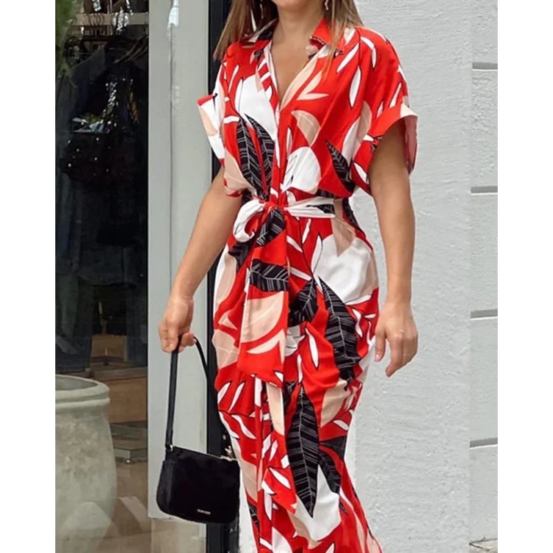 🔥Casual Lapel Neck Waist Print Shirt Dress🔥