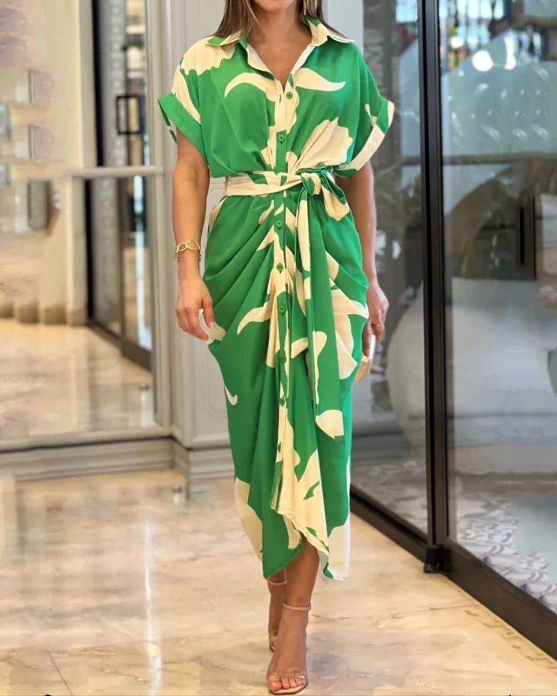 🔥Casual Lapel Neck Waist Print Shirt Dress🔥