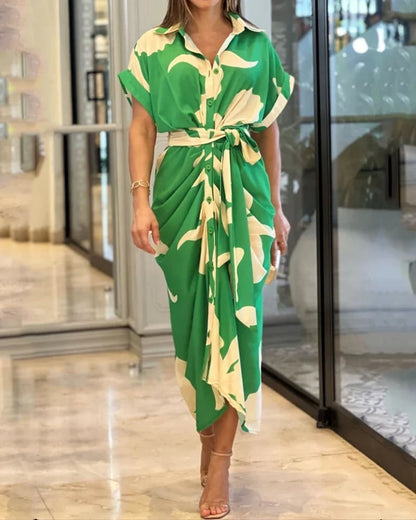 🔥Casual Lapel Neck Waist Print Shirt Dress🔥
