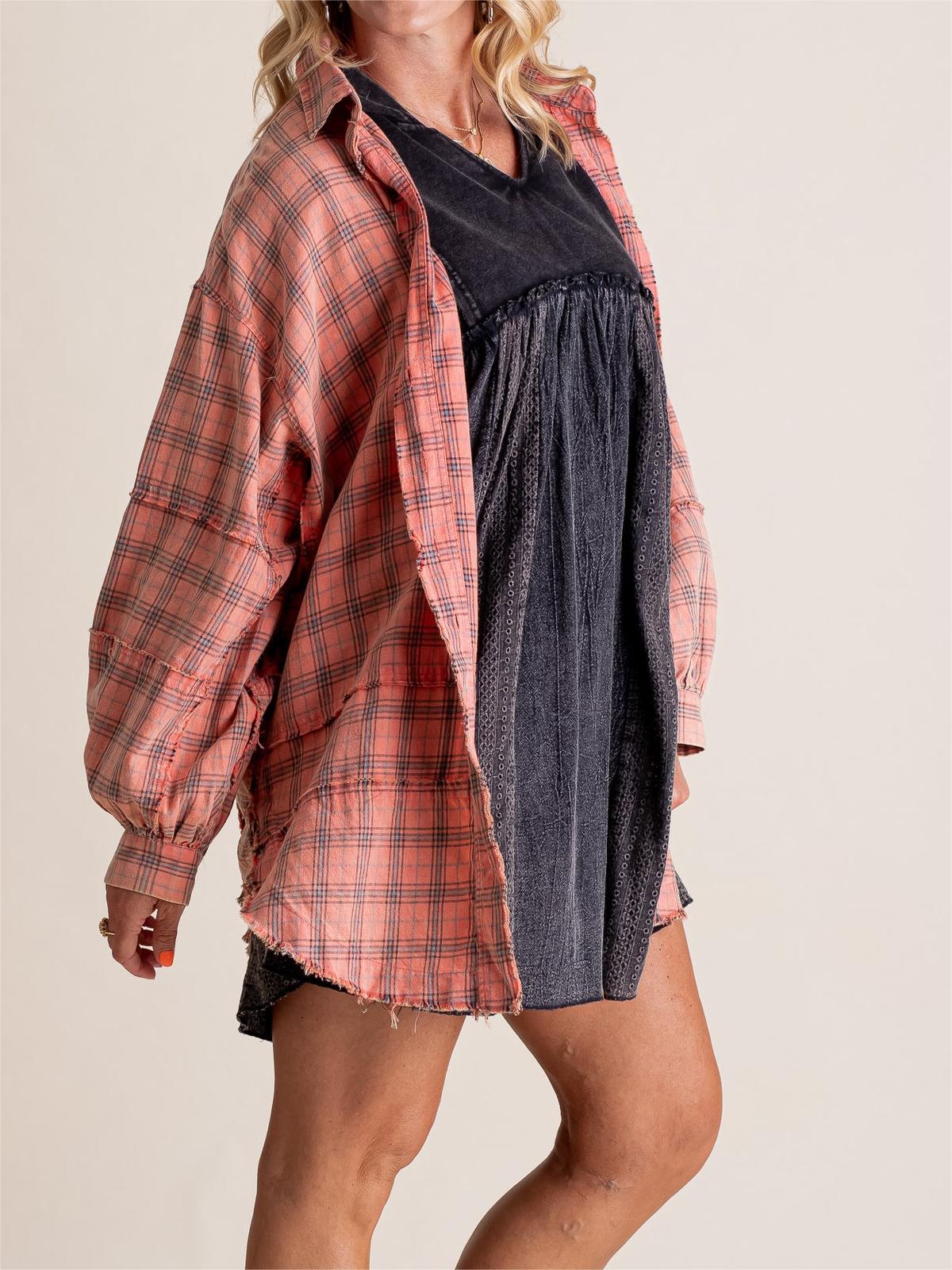 Women's Mineral Washed Button Down Plaid Flannel Shirt (Buy 2 Free Shipping)