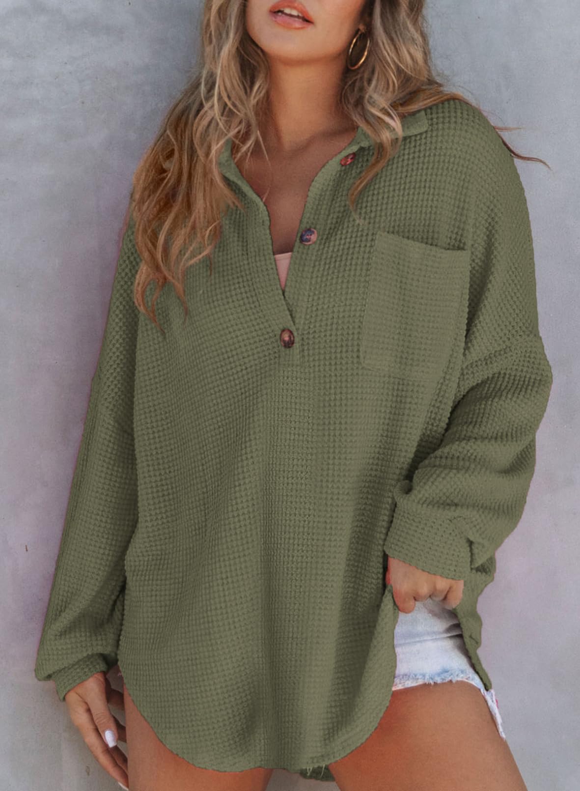 Women's Waffle Knit Long Sleeve Sweatshirt (Buy 2 Free Shipping)