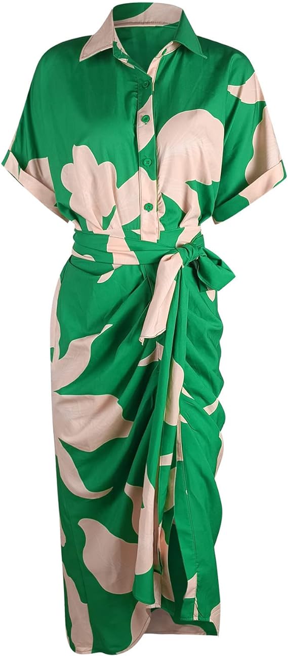 🔥Casual Lapel Neck Waist Print Shirt Dress🔥