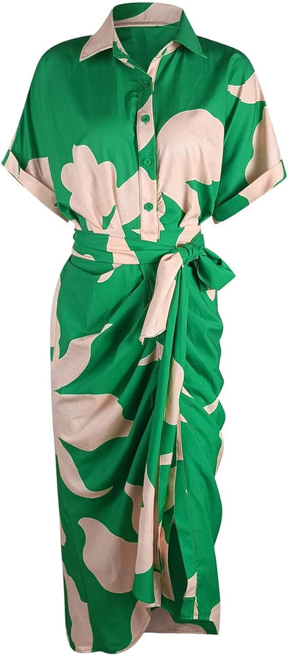 🔥Casual Lapel Neck Waist Print Shirt Dress🔥