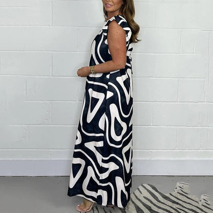 Women's summer jumpsuit with wide legs, ruffles and geometric prints